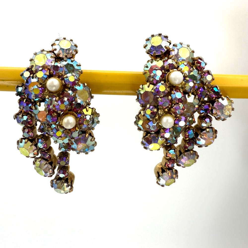 Vintage Aurora Borealis Rhinestone Clip On Dangle Earrings Iridescent‎ AB RARE